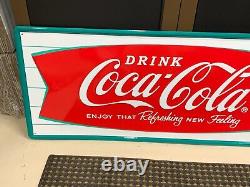 COCA COLA FISHTAIL LARGE EMBOSSED METAL ADVERTISING SIGN (54x 18) NEAR MINT