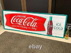 COCA COLA FISHTAIL LARGE EMBOSSED METAL ADVERTISING SIGN (54x 18) NEAR MINT