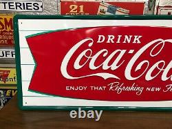 COCA COLA FISHTAIL LARGE, EMBOSSED METAL ADVERTISING SIGN (54x 18) NEAR MINT