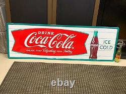 COCA COLA FISHTAIL LARGE EMBOSSED METAL ADVERTISING SIGN (54x 18) NEAR MINT