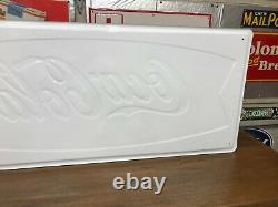 COCA COLA FISHTAIL LARGE, EMBOSSED METAL ADVERTISING SIGN (54x 18) NEAR MINT