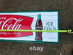 COCA COLA FISHTAIL LARGE, EMBOSSED METAL ADVERTISING SIGN (54x 18) NEAR MINT