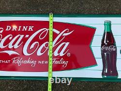 COCA COLA FISHTAIL LARGE, EMBOSSED METAL ADVERTISING SIGN (54x 18) NEAR MINT