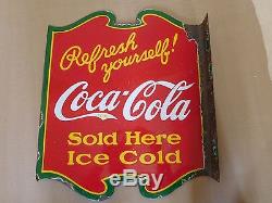 COCA COLA FLANGE SIGN 1938 PORCELAIN DOUBLE SIDED SIGN VERY GOOD CONDITION
