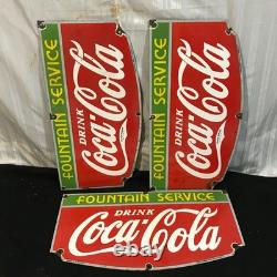 COCA COLA FOUNTAIN SERVICE Gasoline Porcelain Sign 27 X 14 Side 3 UNITS