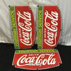 COCA COLA FOUNTAIN SERVICE Gasoline Porcelain Sign 27 X 14 Side 3 UNITS