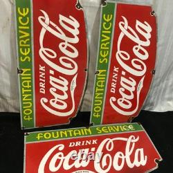 COCA COLA FOUNTAIN SERVICE Gasoline Porcelain Sign 27 X 14 Side 3 UNITS