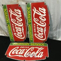 COCA COLA FOUNTAIN SERVICE Gasoline Porcelain Sign 27 X 14 Side 3 UNITS