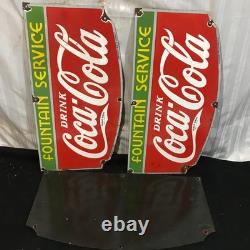 COCA COLA FOUNTAIN SERVICE Gasoline Porcelain Sign 27 X 14 Side 3 UNITS