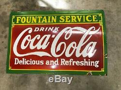 COCA COLA FOUNTAIN SVC LARGE, HEAVY PORCELAIN SIGN (36x 24), VERY NICE SIGN