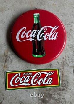 COCA COLA Metal Button & 2 Vintage signs