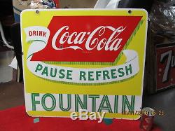 COCA COLA PORCELAIN DOUBLE SIDED 50s FOUNTAIN SIGN 25x28 SUPER RARE 1 OF A KIND