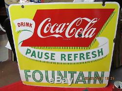 COCA COLA PORCELAIN DOUBLE SIDED 50s FOUNTAIN SIGN 25x28 SUPER RARE 1 OF A KIND