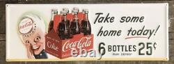COCA-COLA Take Some Home Today! Soda Head Boy Metal Ad. Sign, 10 x 28