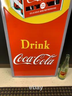 COCA COLA With SIX PACK LARGE EMBOSSED METAL ADVERTISING SIGN (48x 15) NICE