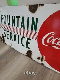C. 1940s Original Vintage Drink Coca Cola Sign Metal Porcelain Fountain Service
