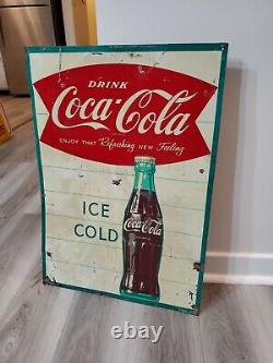 C. 1950s Original Vintage Drink Coca Cola Sign Metal Ice Cold Bottle Coke Grocery