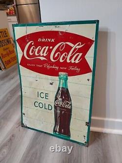 C. 1950s Original Vintage Drink Coca Cola Sign Metal Ice Cold Bottle Coke Grocery