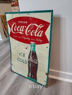 C. 1950s Original Vintage Drink Coca Cola Sign Metal Ice Cold Bottle Coke Grocery