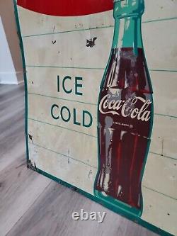 C. 1950s Original Vintage Drink Coca Cola Sign Metal Ice Cold Bottle Coke Grocery