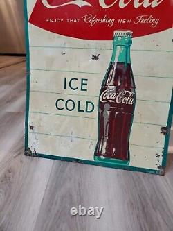 C. 1950s Original Vintage Drink Coca Cola Sign Metal Ice Cold Bottle Coke Grocery