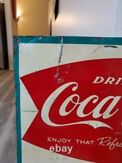 C. 1950s Original Vintage Drink Coca Cola Sign Metal Ice Cold Bottle Coke Grocery