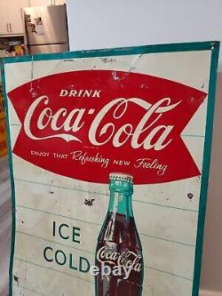 C. 1950s Original Vintage Drink Coca Cola Sign Metal Ice Cold Bottle Coke Grocery