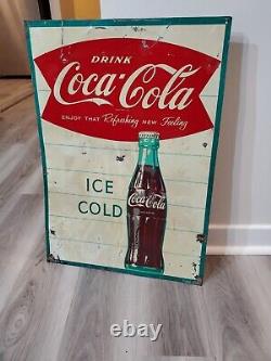 C. 1950s Original Vintage Drink Coca Cola Sign Metal Ice Cold Bottle Coke Grocery