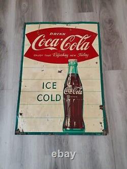 C. 1950s Original Vintage Drink Coca Cola Sign Metal Ice Cold Bottle Coke Grocery