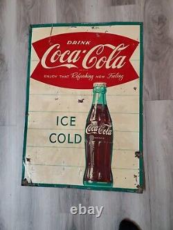 C. 1950s Original Vintage Drink Coca Cola Sign Metal Ice Cold Bottle Coke Grocery