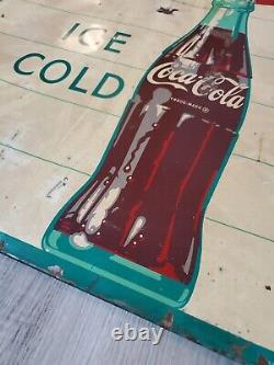 C. 1950s Original Vintage Drink Coca Cola Sign Metal Ice Cold Bottle Coke Grocery