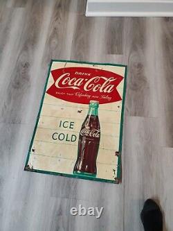 C. 1950s Original Vintage Drink Coca Cola Sign Metal Ice Cold Bottle Coke Grocery