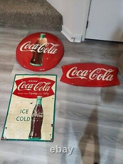 C. 1950s Original Vintage Drink Coca Cola Sign Metal Ice Cold Bottle Coke Grocery