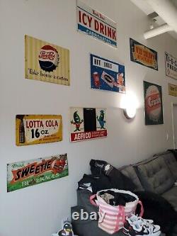 C. 1960s Original Vintage Enjoy Coca Cola Sign Metal Coke Rack Topper Soda Gas