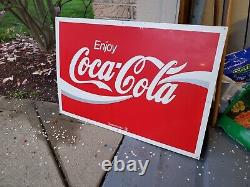 C. 1970s Original Vintage Enjoy Coca Cola Sign Metal Coke Dealer Gas Oil Grocery