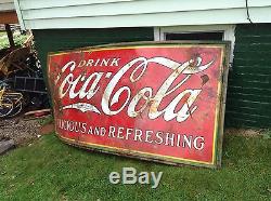 Coca Cola 1932 Porcelain Enamel Sign Delicious Refreshing Man Cave Rusty Gold