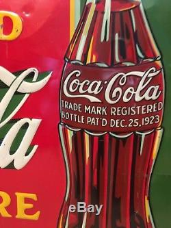 Coca Cola 1932 Soda Pop Sign with 1923 Bottle and Rare Green Background