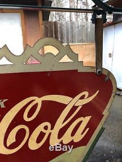 Coca Cola 1937 double sided steel arrow sign with original hanging bracket, kay