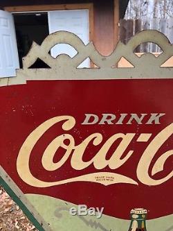 Coca Cola 1937 double sided steel arrow sign with original hanging bracket, kay