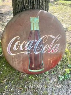 Coca Cola 36 Inch Button Painted Metal Sign AM 128 Dot 1958
