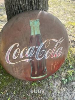 Coca Cola 36 Inch Button Painted Metal Sign AM 128 Dot 1958
