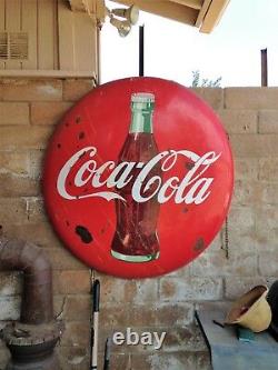 Coca Cola 4' Vintage Button Metal Advertising Coke Sign, RED ORG PAINT