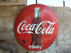 Coca Cola 4' Vintage Button Metal Advertising Coke Sign, RED ORG PAINT