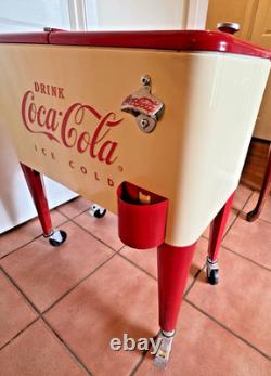 Coca Cola 80Qt Rolling Cooler Vintage Style Cream White Red Ice Chest