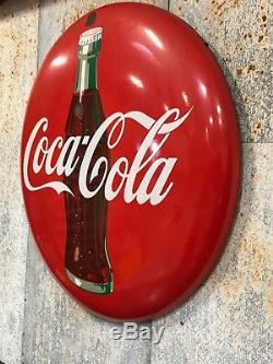 Coca Cola Button 36 Porcelain Sign Original 1950's