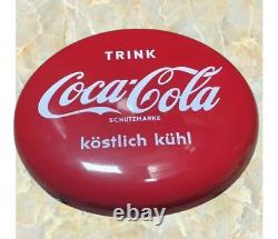 Coca Cola Button Porcelain Enamel Heavy Metal Sign 20 Inches Dimeter