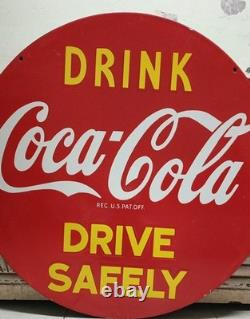 Coca Cola Drink Porcelain Enamel Heavy Metal Sign 30 inches Double Side