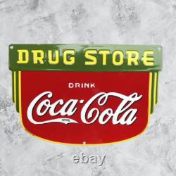 Coca Cola Drug storPure Porcelain Enamel Heavy Metal Sign 36 inches Double Side