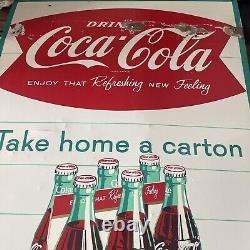 Coca Cola Fishtail Take Home a Carton Metal Advertising Sign RARE