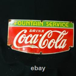 Coca Cola Fountain Gas Station Porcelain Enamel Sign 27 X 14 In Ss